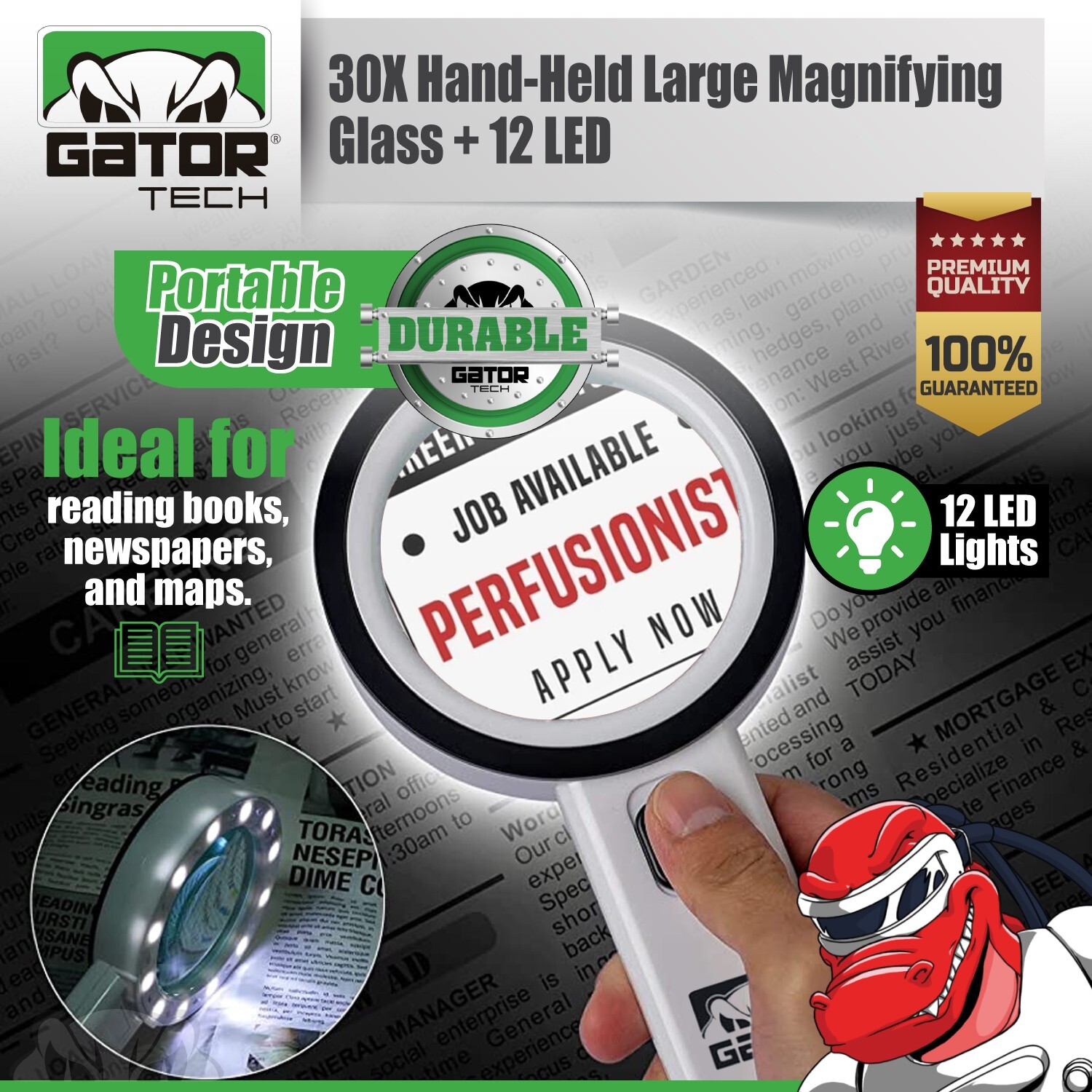 Magnifying Glass Bright LED Light Handheld Jumbo Illuminated 30X Magnifier Large