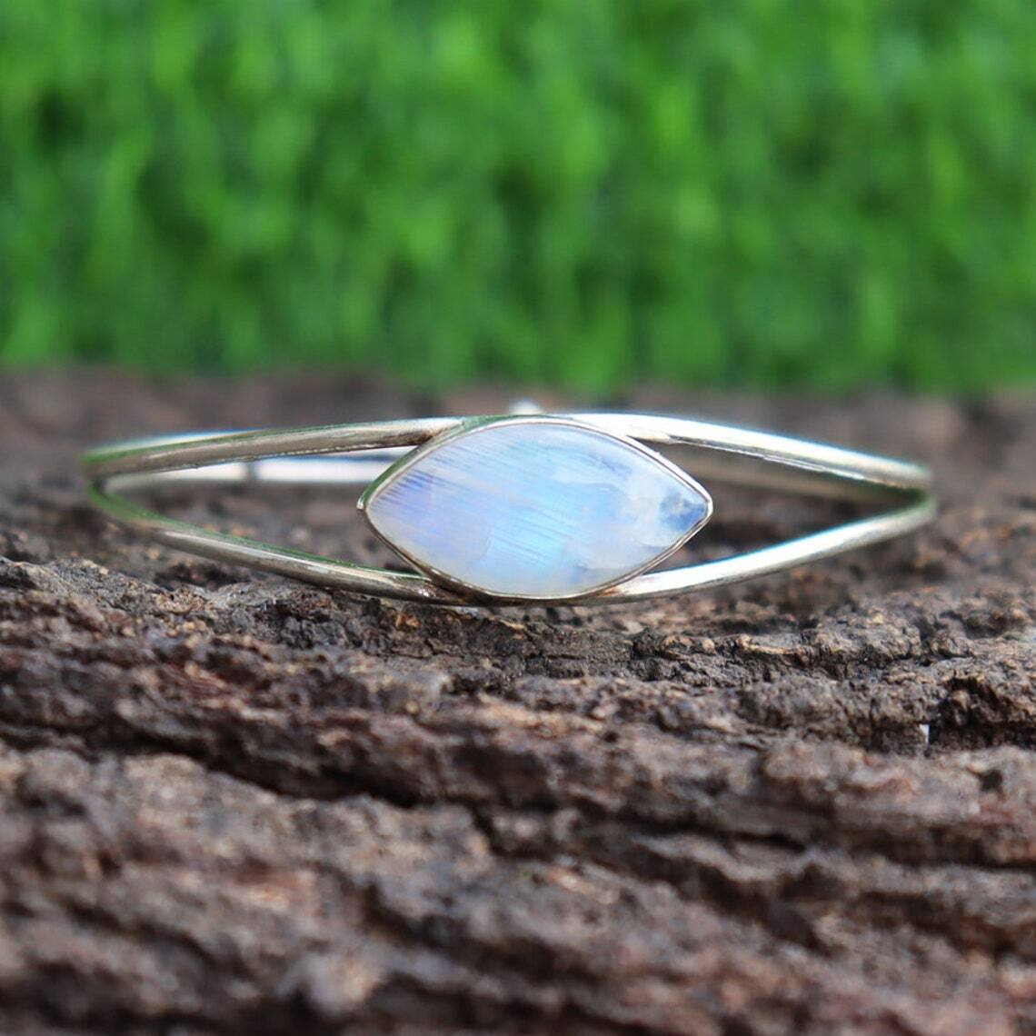 Blue Moonstone Bangle Solid 925 Silver Handmade Women Cuff Bracelet Jewelry #037