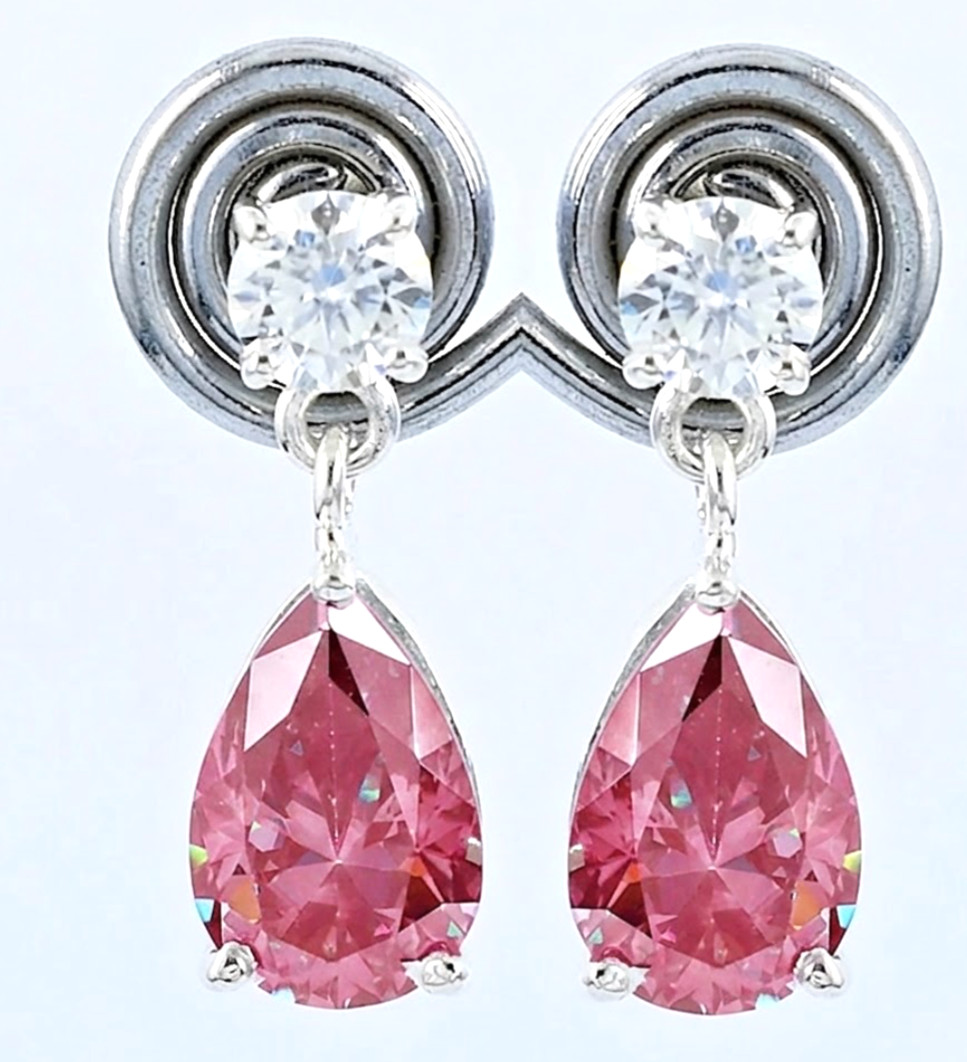 925 Silver, Pink & White Diamond Dangler Earrings, 9.40 Ct Certified Treated