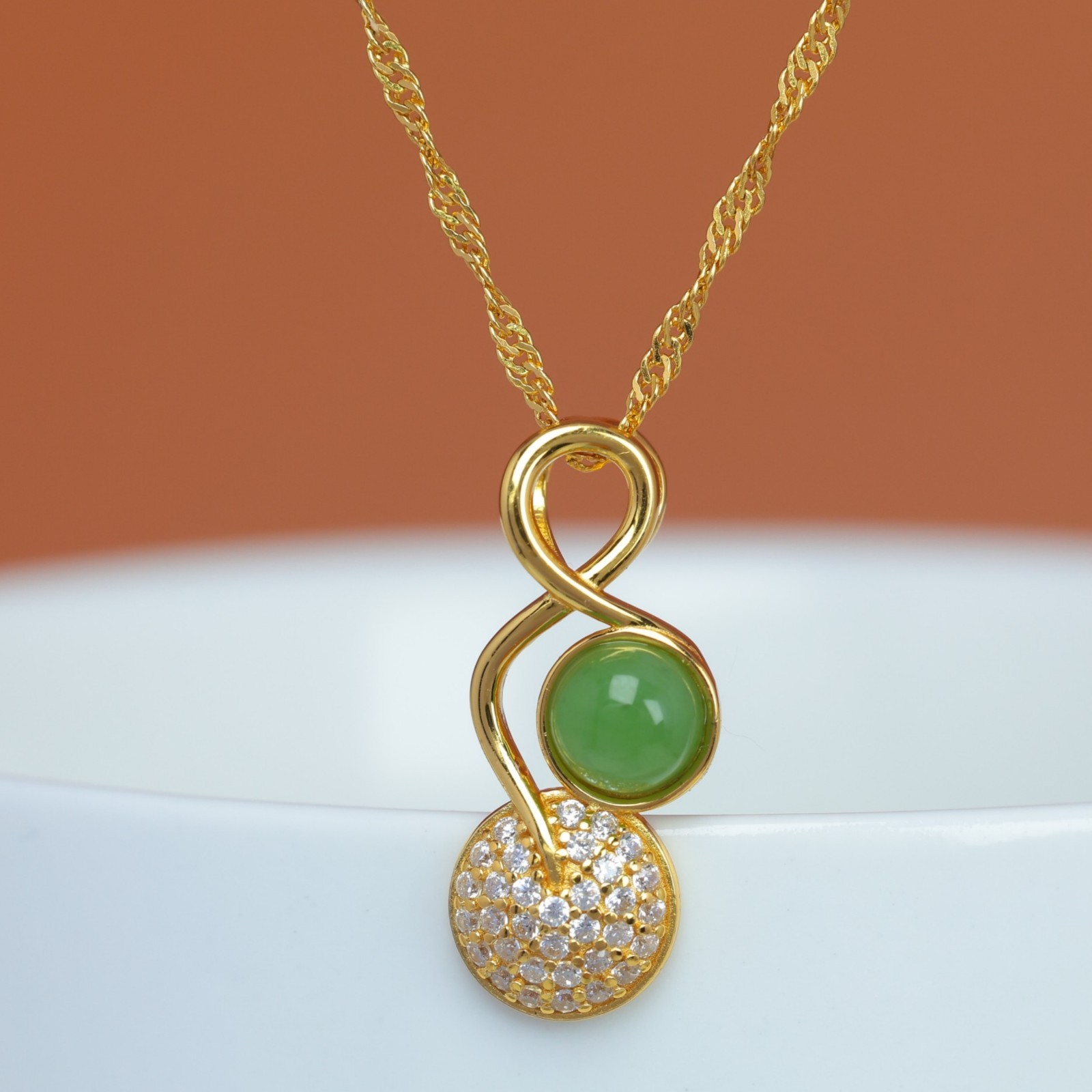 S925 Silver Green Jade Infinity Pendant With Pave Disc And Gift Box