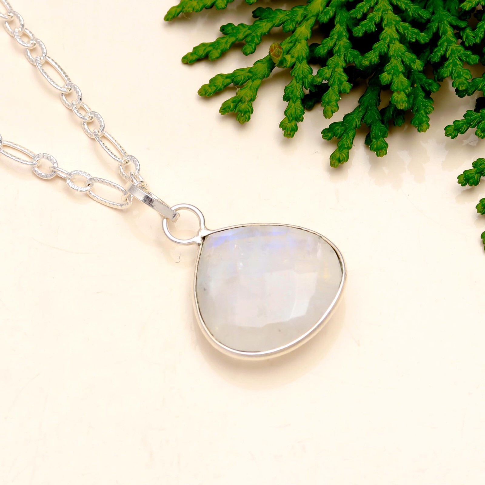 White Rainbow Moonstone 925 Sterling Silver Minimalist Pendant Necklace 18″