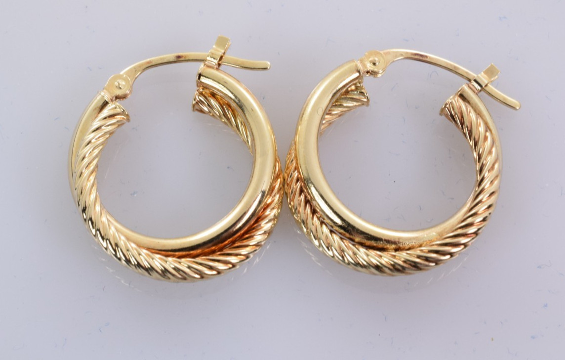 Petite Textured Double Tube Huggie Hoop Earrings in 14k Yellow Gold