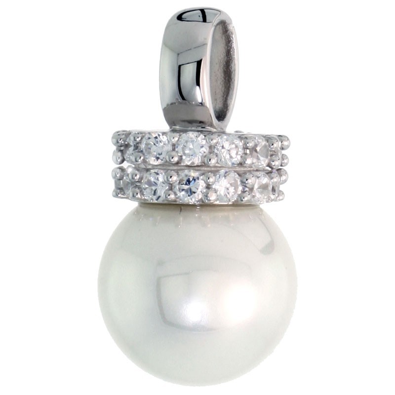 925 Sterling Silver 10mm Faux Pearl Pendant with CZ Stones 9/16 (14mm) Inch Tall
