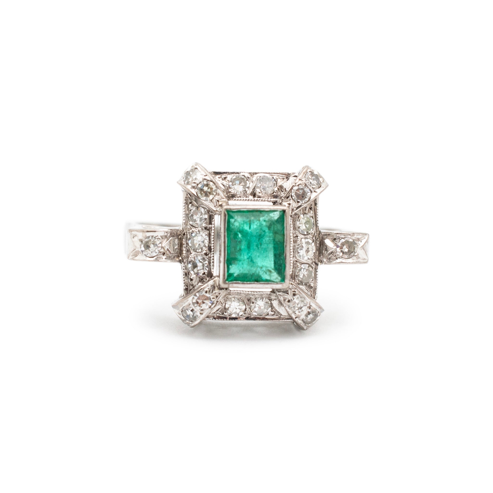 Antique Mixed Metals Gold Silver Palladium Emerald Halo Diamond Cocktail Ring