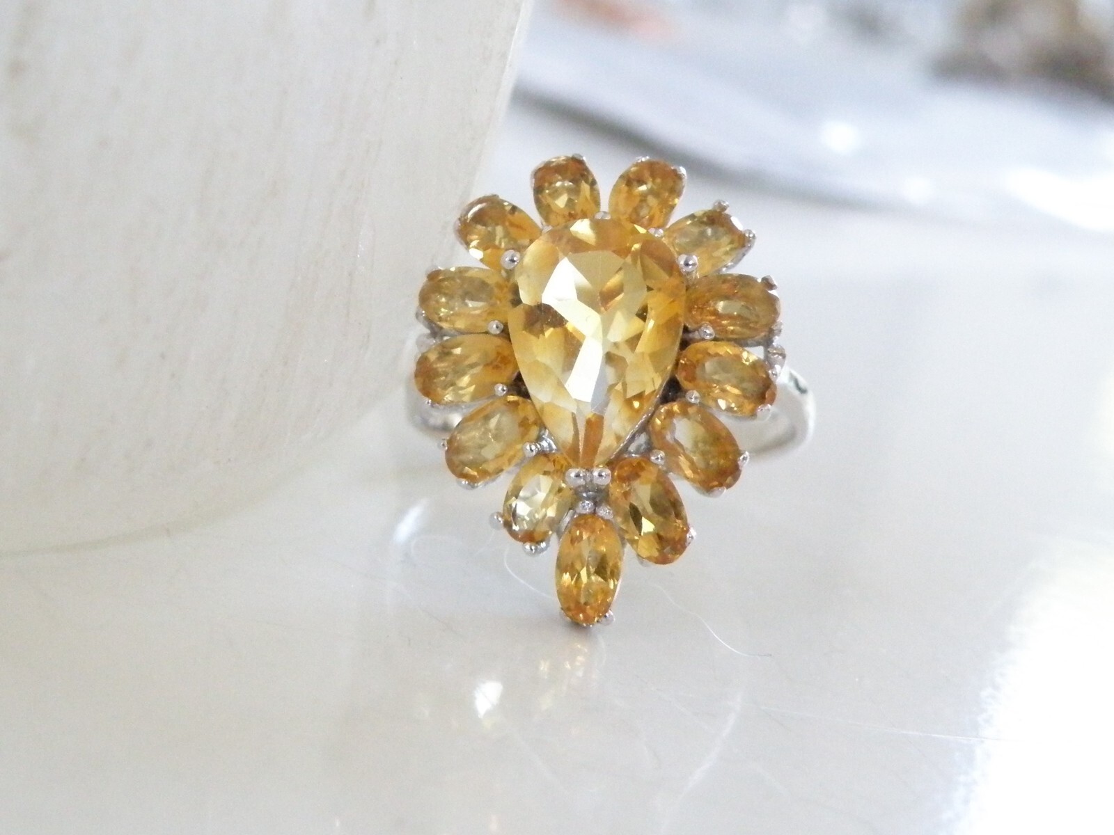 Estate Sterling Silver 925 Large Teardrop Natural Citrine Ring Size 9.5
