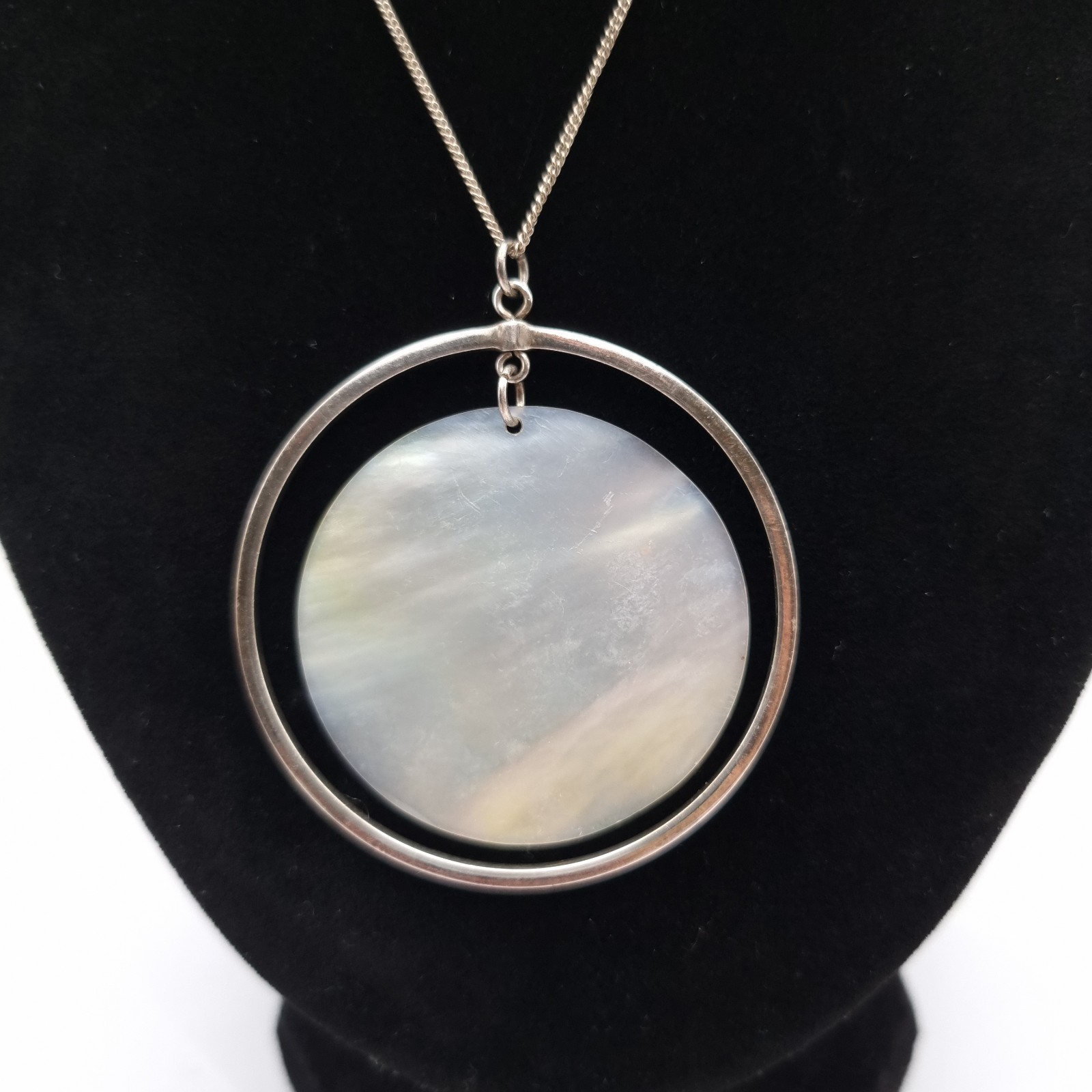 Mother of Pearl Hoop Pendant Sterling Silver Large Articulated Circle Necklace