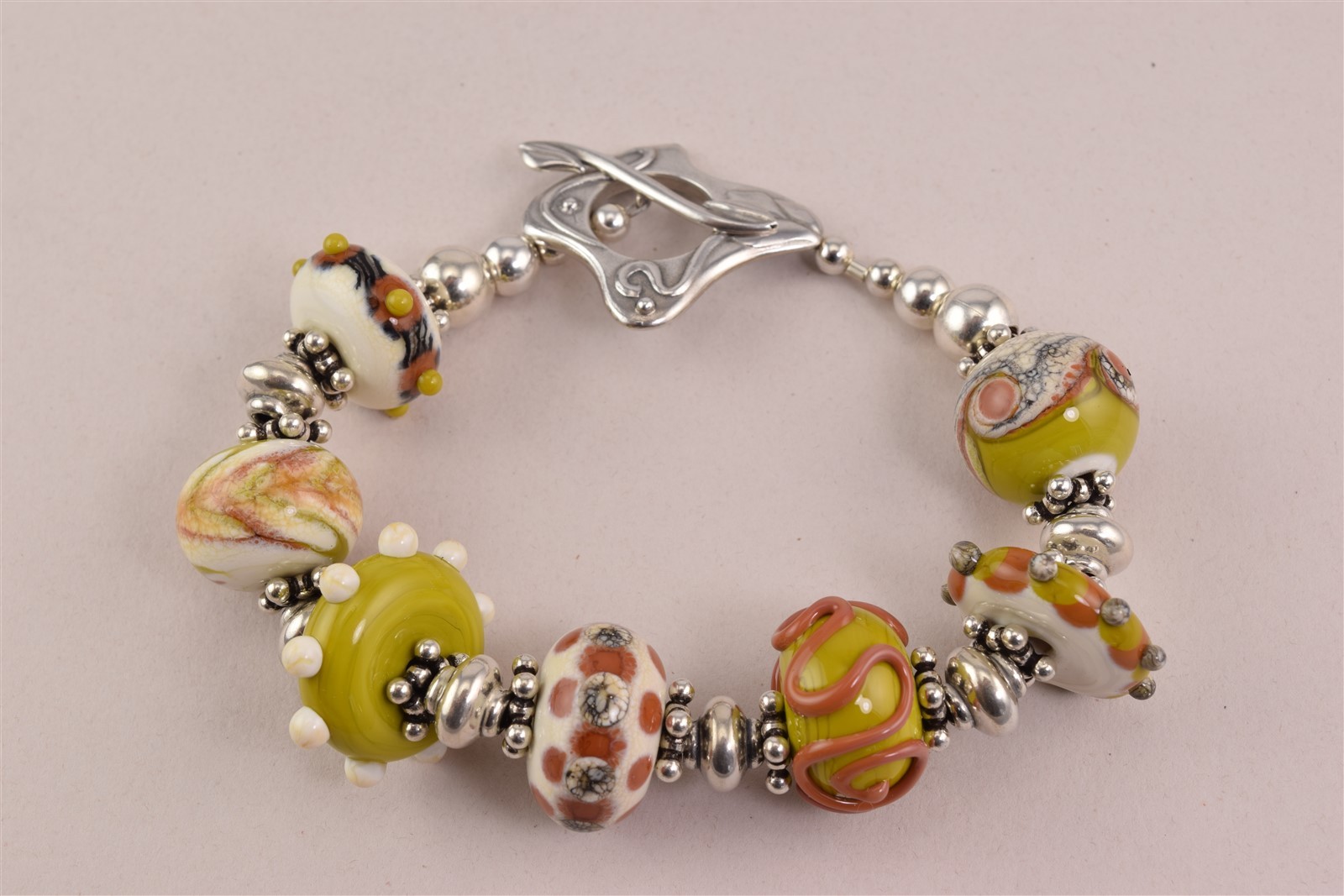 Chunky Sterling Silver Ornate Ceramic Bead Statement 925 Toggle Bracelet 50g 8″