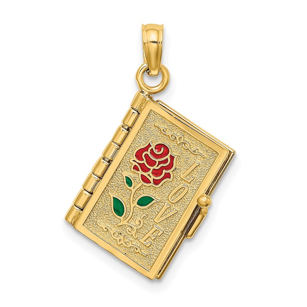 14k Yellow Gold Enameled 3D Moveable LOVE Flower Book Pendant 3.01g for Mom