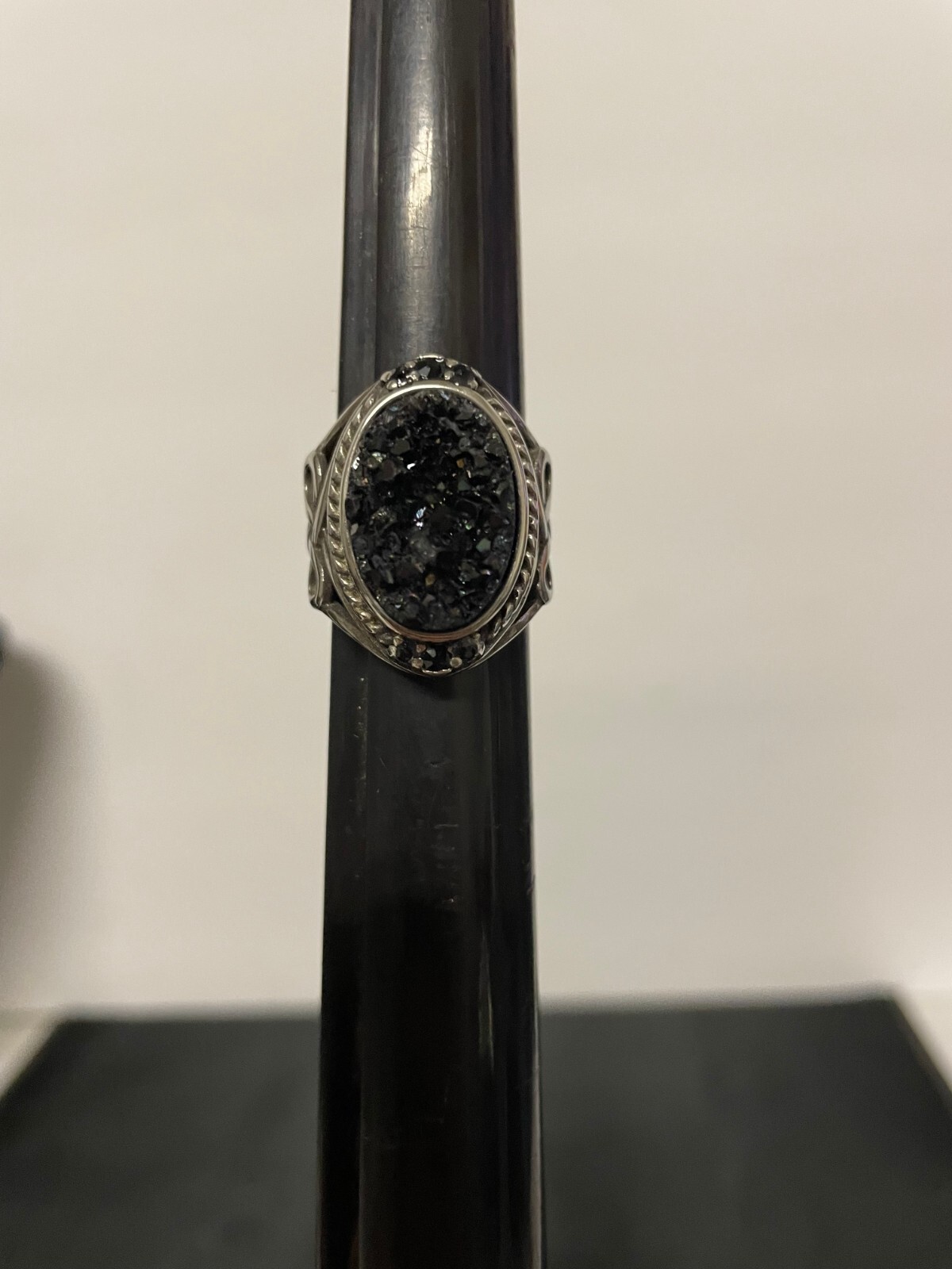 316L Stainless Steel Black Druzy Stone Ring, Gothic Style, Size 7.5 #134