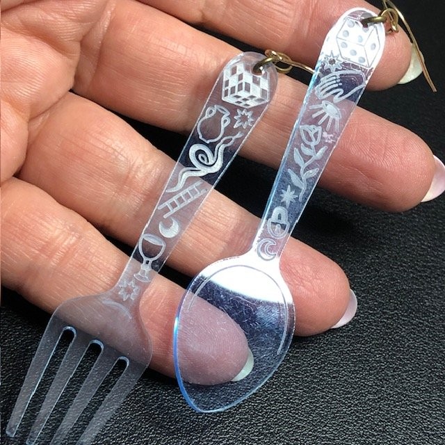 B2189 Whimsical Fork Spoon Dangle Earrings 14K gold filled wires Acrylic Etched