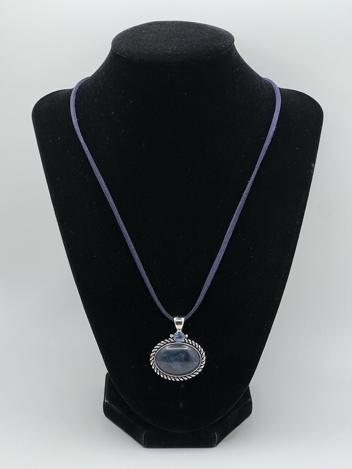 Lia Sophia Blue Oval Gem & Rhinestone Pendant with Faux Blue Leather Necklace
