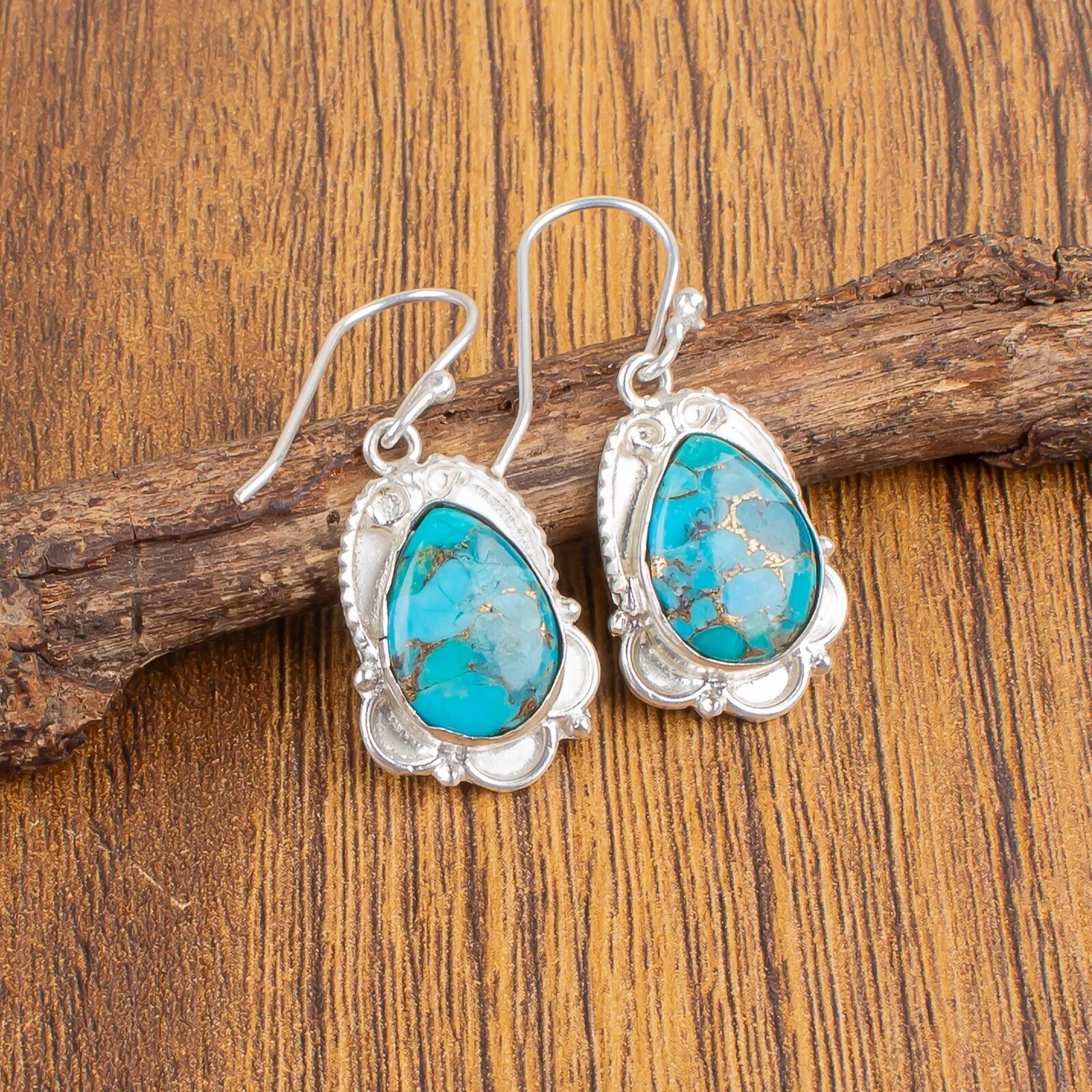 Natural Blue Copper Turquoise Earrings 925 Sterling Silver For Women