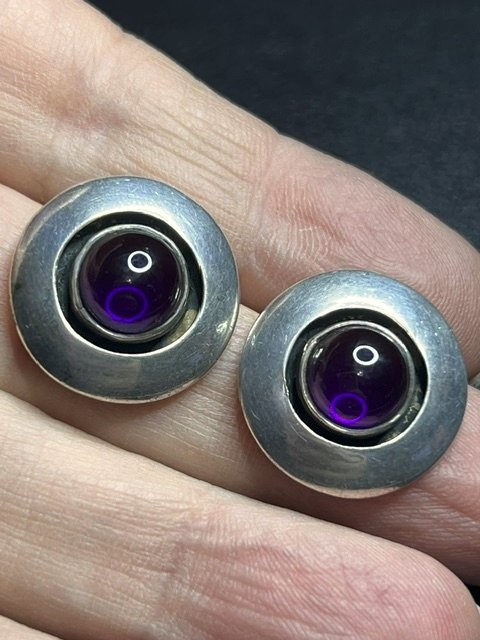 B5041 Sterling Silver Amethyst Cabochon Stud Earrings Round Disc 7.5g 22mm