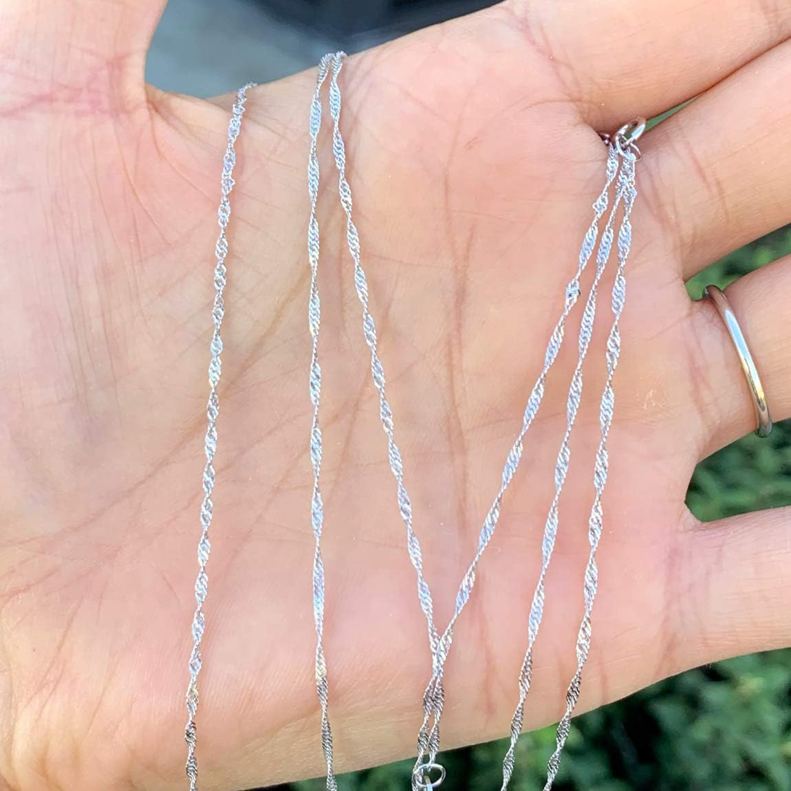 Solid 925 Sterling Silver White Gold 1.3Mm 1.6Mm Singapore Chain Necklace Tarnis