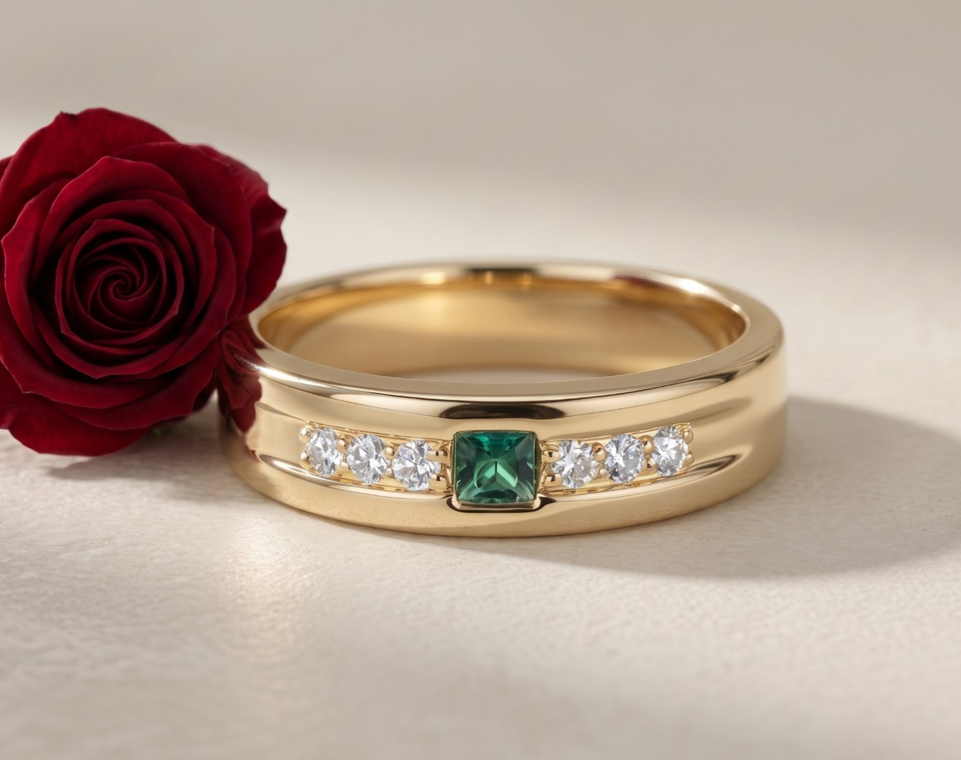14K Gold Vermeil Lab Emerald Men’s Signet Ring, 925 Sterling Silver, Luxury Gift