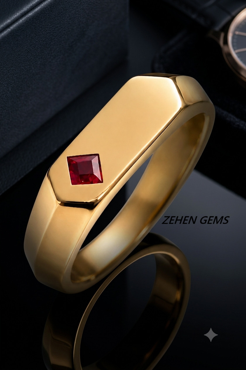 Lab created Ruby Signet Ring Men 925 Sterling Silver Gold Plated Ring