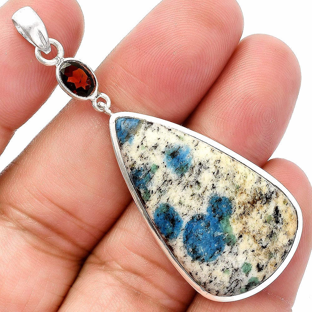 K2 Blue – Azurite In Quartz & Garnet 925 Sterling Silver Pendant Jewelry P-1531