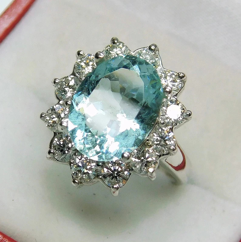 6.80 Ct Oval Cut Natural Aquamarine Diamond Ring 14K White Gold Size 8.5