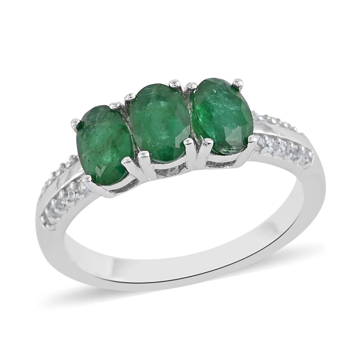 AAA Kagem Zambian Intense Green Emerald Ring Rhodium Plated Size 6