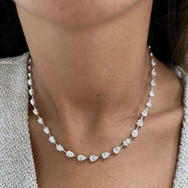11CT Pear Cut Lab Created Diamond Women’s Tennis Necklace 14K White Gold Plated