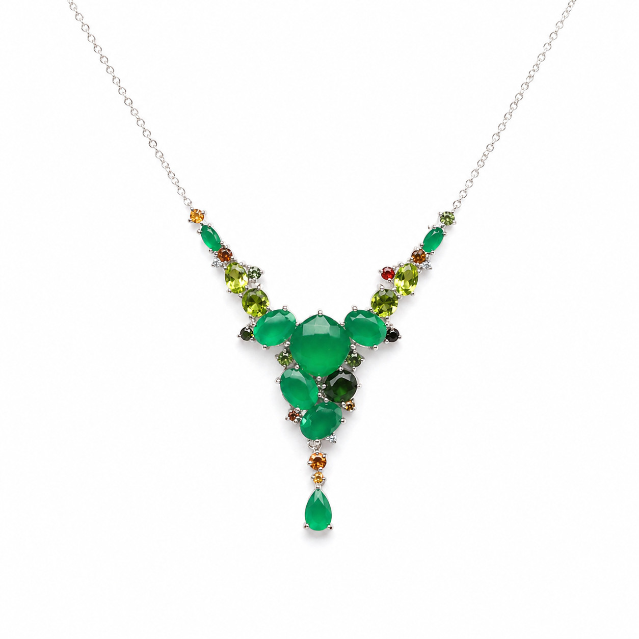 925 Sterling Silver Green Agate Peridot Sapphire Zircon Necklace 18.5 In.