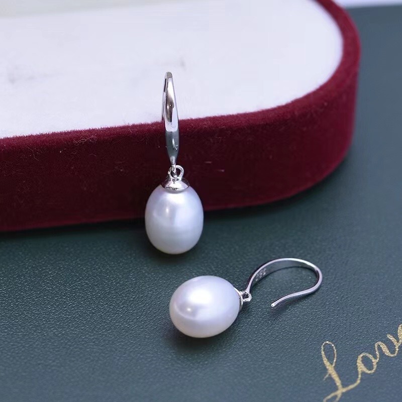 Natural White Oval Pearl Hook Drop 7/8″ Earrings in 925 Solid Sterling Silver