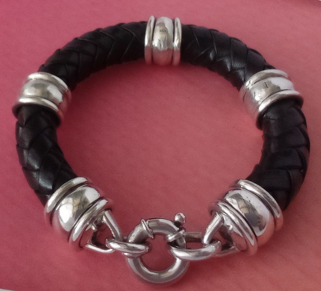 BARRY KIESELSTEIN CORD STERLING SILVER WOVEN BLACK LEATHER CUFFED BRACELET 56GR