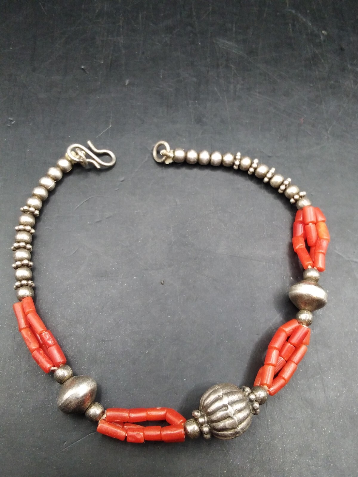 Vintage White Metal And Coral Bracelet Southwestern Style 7 Inches
