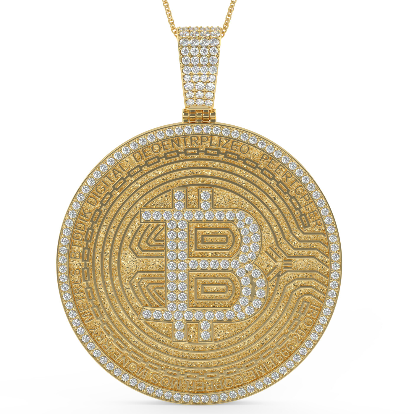 Real Moissanite Diamond Bitcoin Crypto Currency Digital Money 14K Gold Pendant