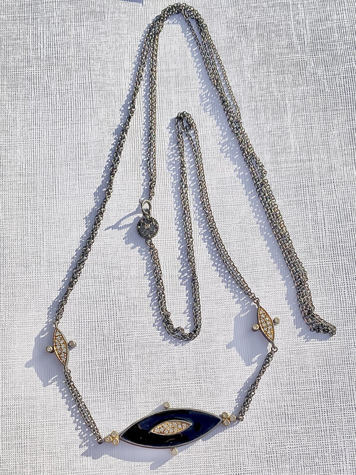 Freida Rothman Long Necklace 925 Mixed Metals Enamel W/Pave And Bezel Stones New