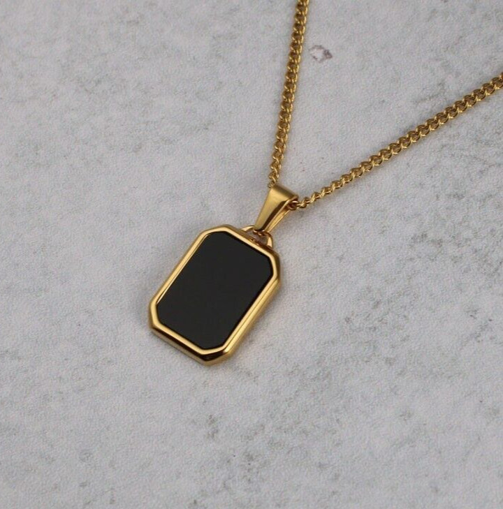 Gold Plated Black Onyx Men’s Pendant 925 Sterling Silver Flat Gemstone Pendant