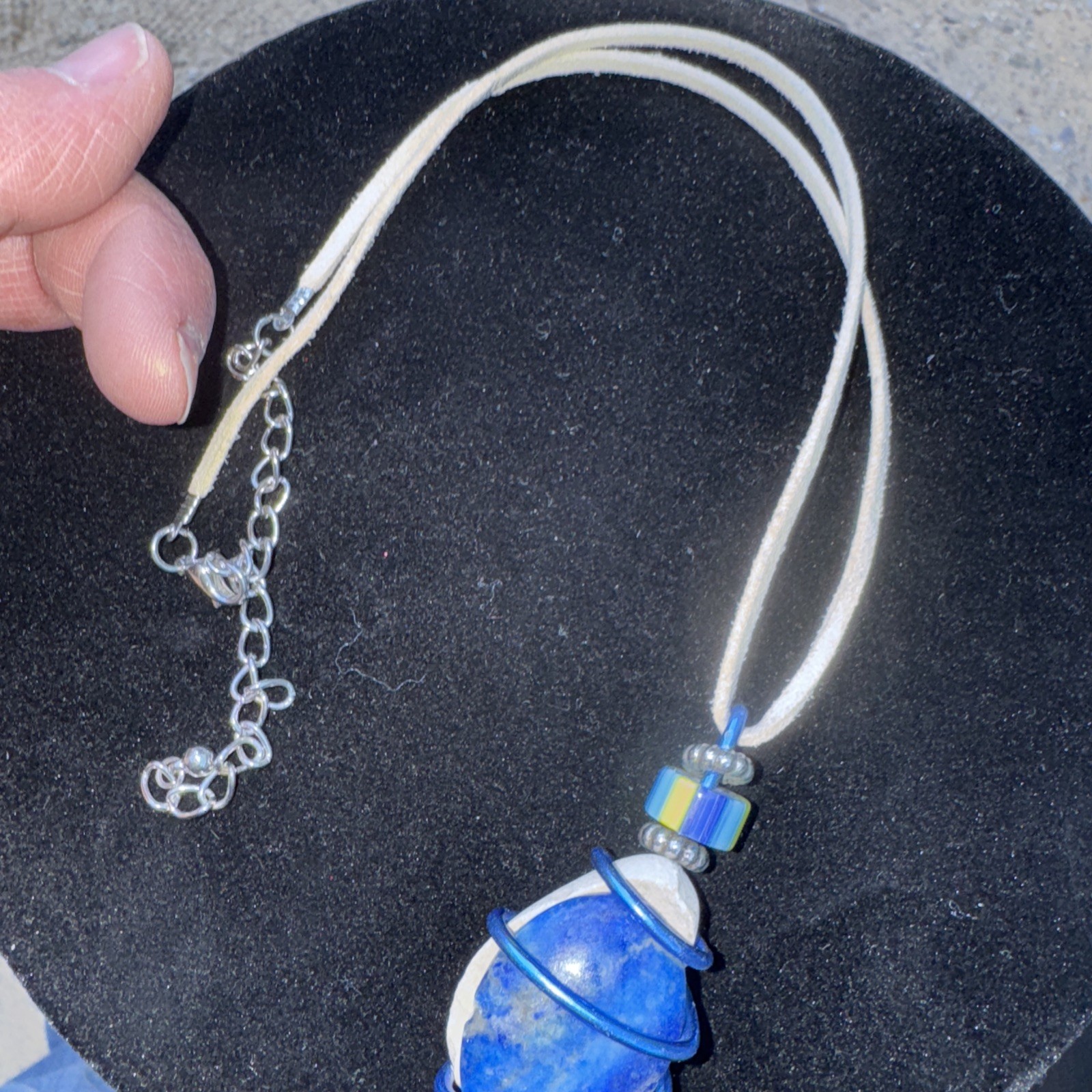 Vintage Blue Gemstone Cabochon Pendant Gold Wire Wrapped Artisan 2″ x 2″