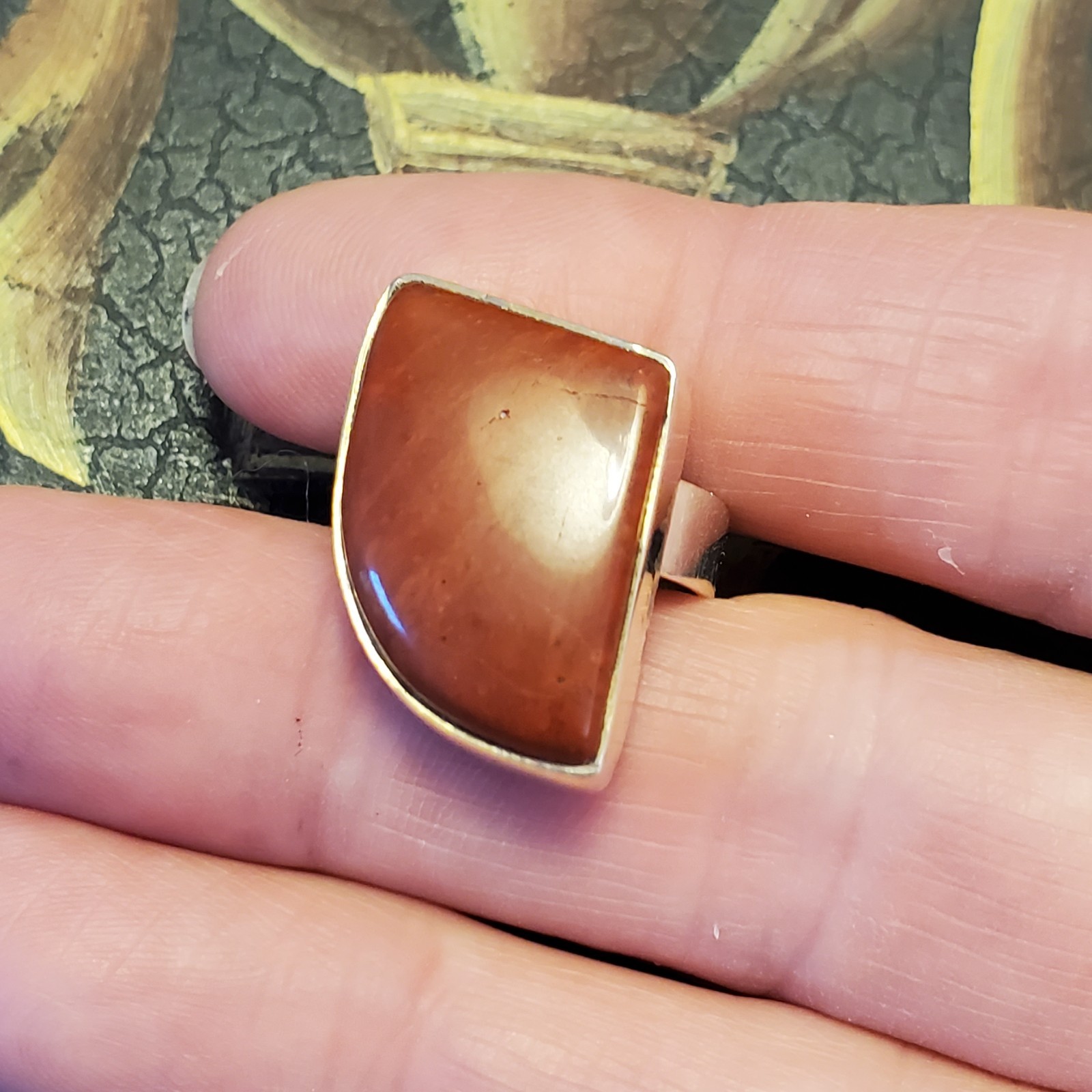 Sterling Silver Red Jasper Chalcedony Shield Ring Size 6.75 Iron Earthy Matte