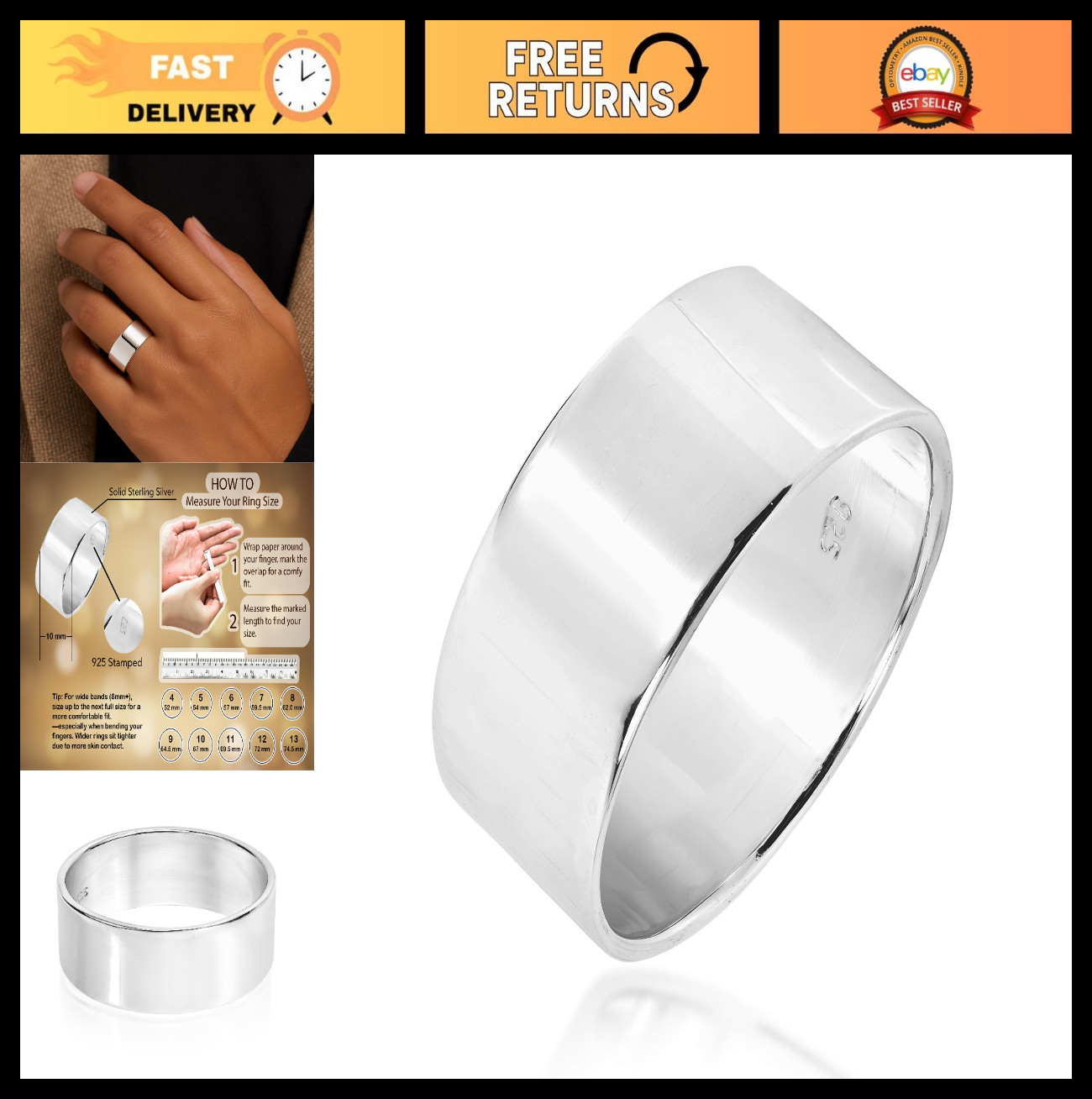 10mm Width .925 Silver Cigar Band Ring | Unisex Casual Fashion Comfort Fit | Sta