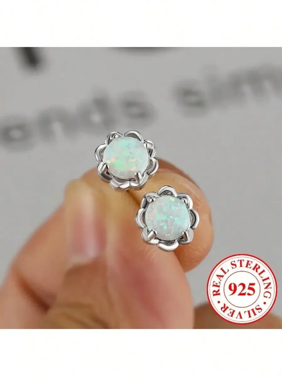 Opal Flower Stud Earrings 925 Sterling Silver 6mm Prong Set Butterfly Back
