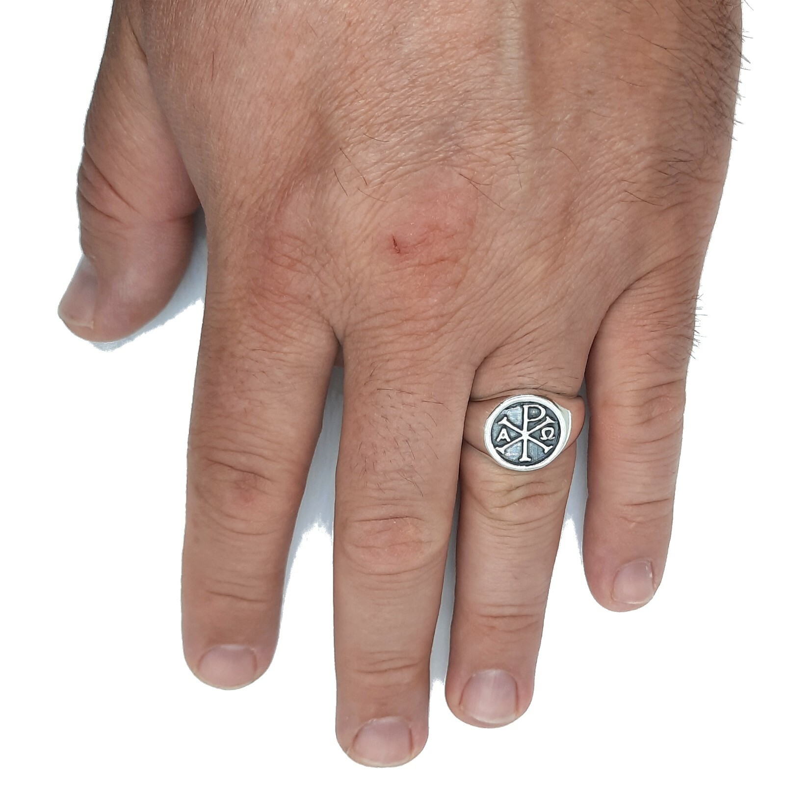 Sterling Silber Herren Ring Chi Rho Alpha Omega Massiv Punziert 925