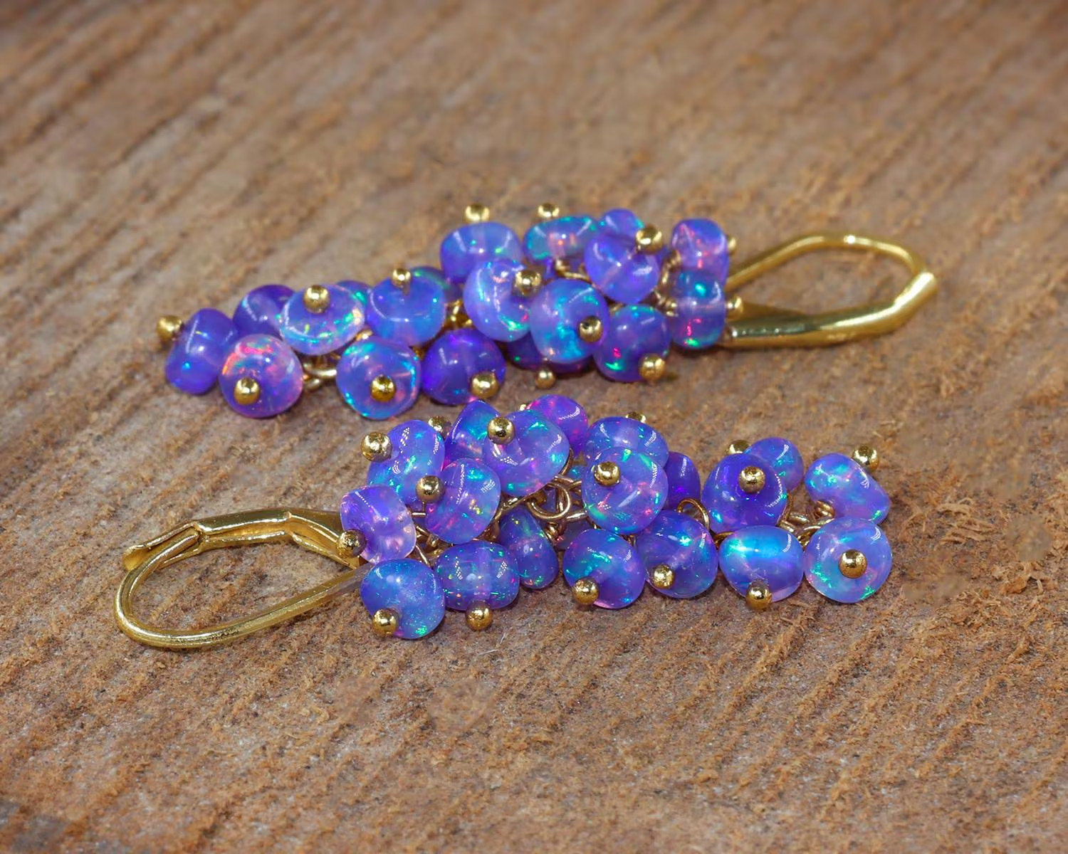 Lavender Fire Opal Round Gemstone Cluster Earring, Ethiopian Opal Beaded Gold