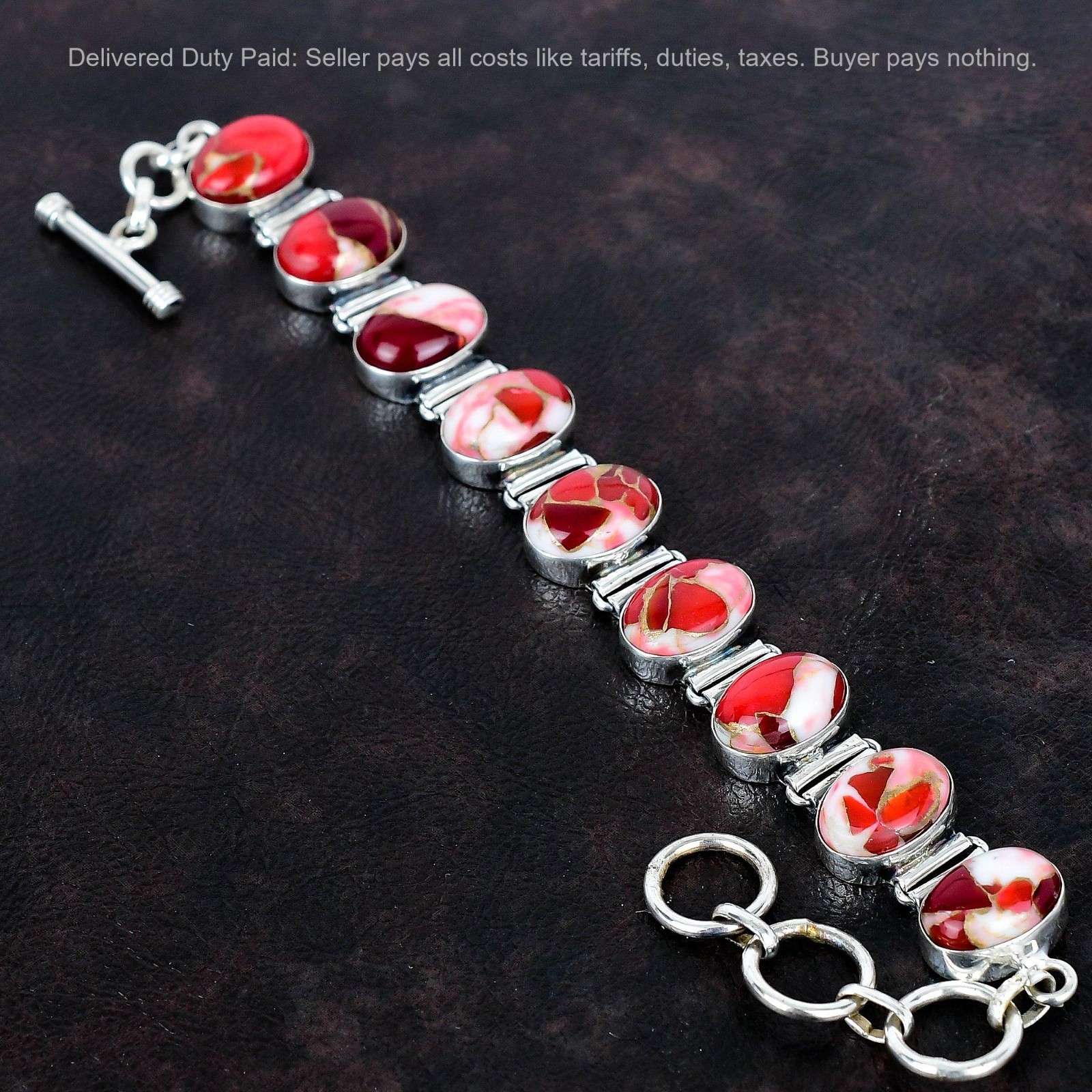 Natural Kingman Red Mohave Copper Turquoise Chain Bracelet Jewelry 925 Silver