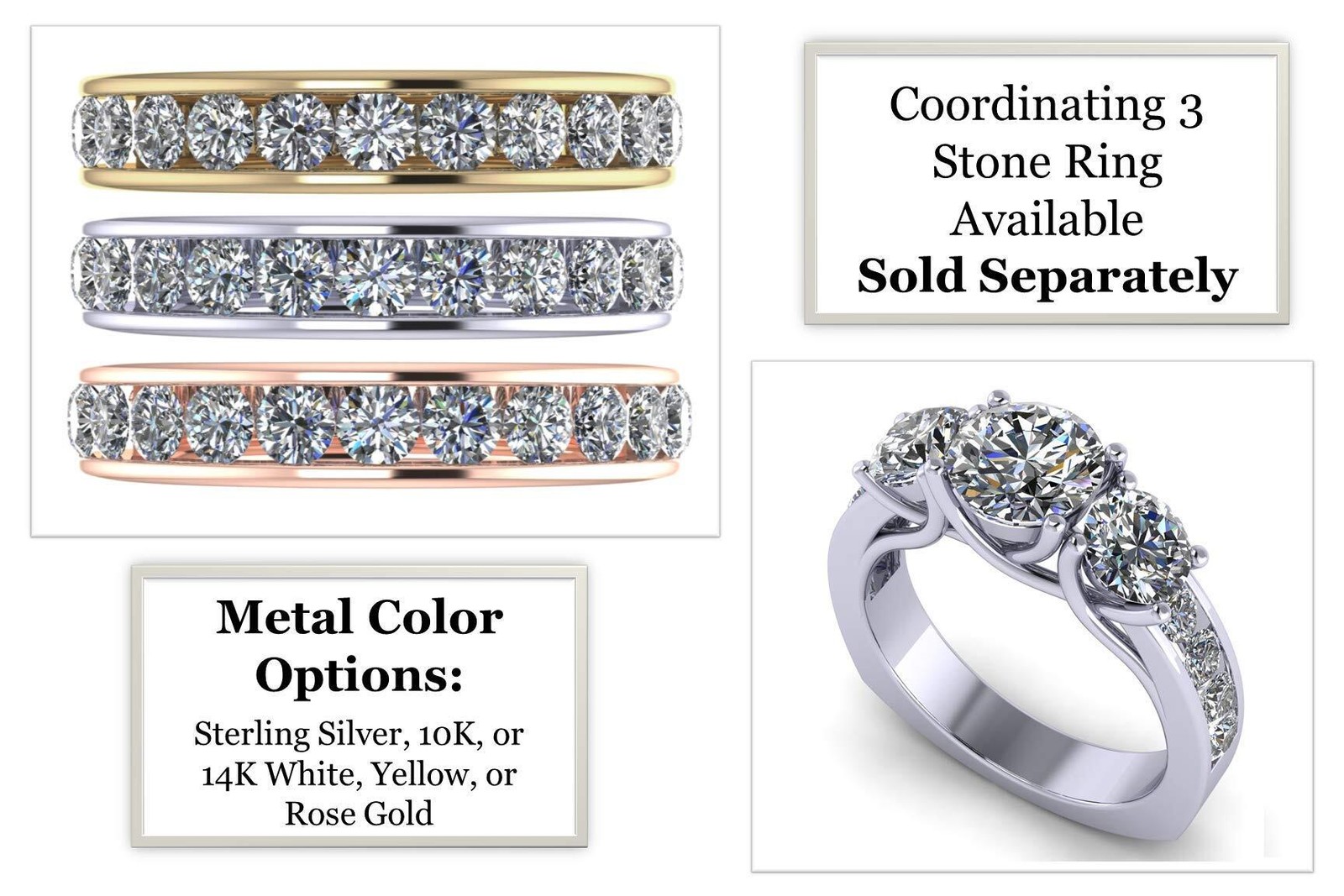 Platinum Plated Silver Band Ring Channel Set Euro Shank w/ CZ 0.75 CTW – Sz 8.5