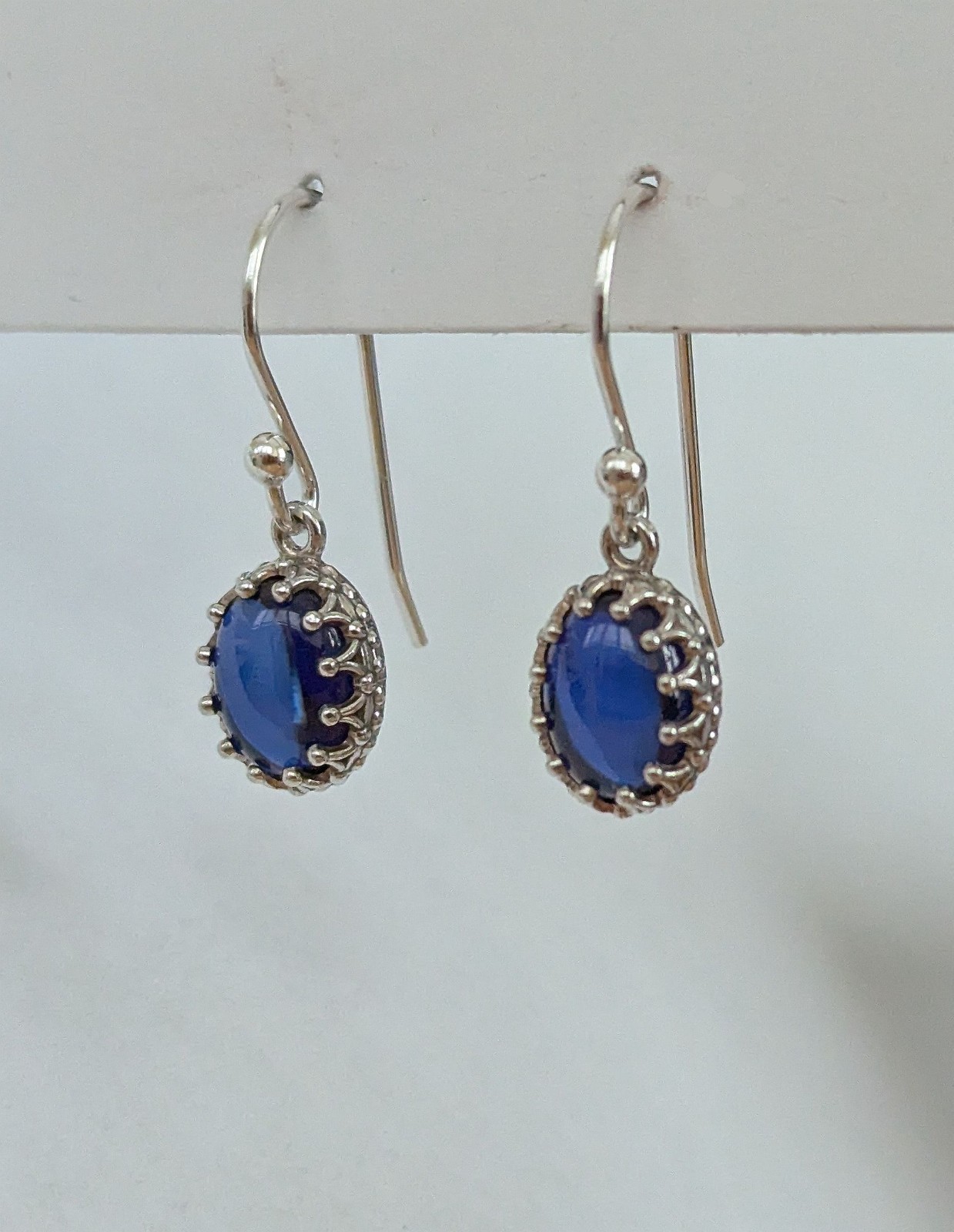 Blue Sapphire Cabochon (Lab-Created) 925 Sterling Silver Drop Earrings