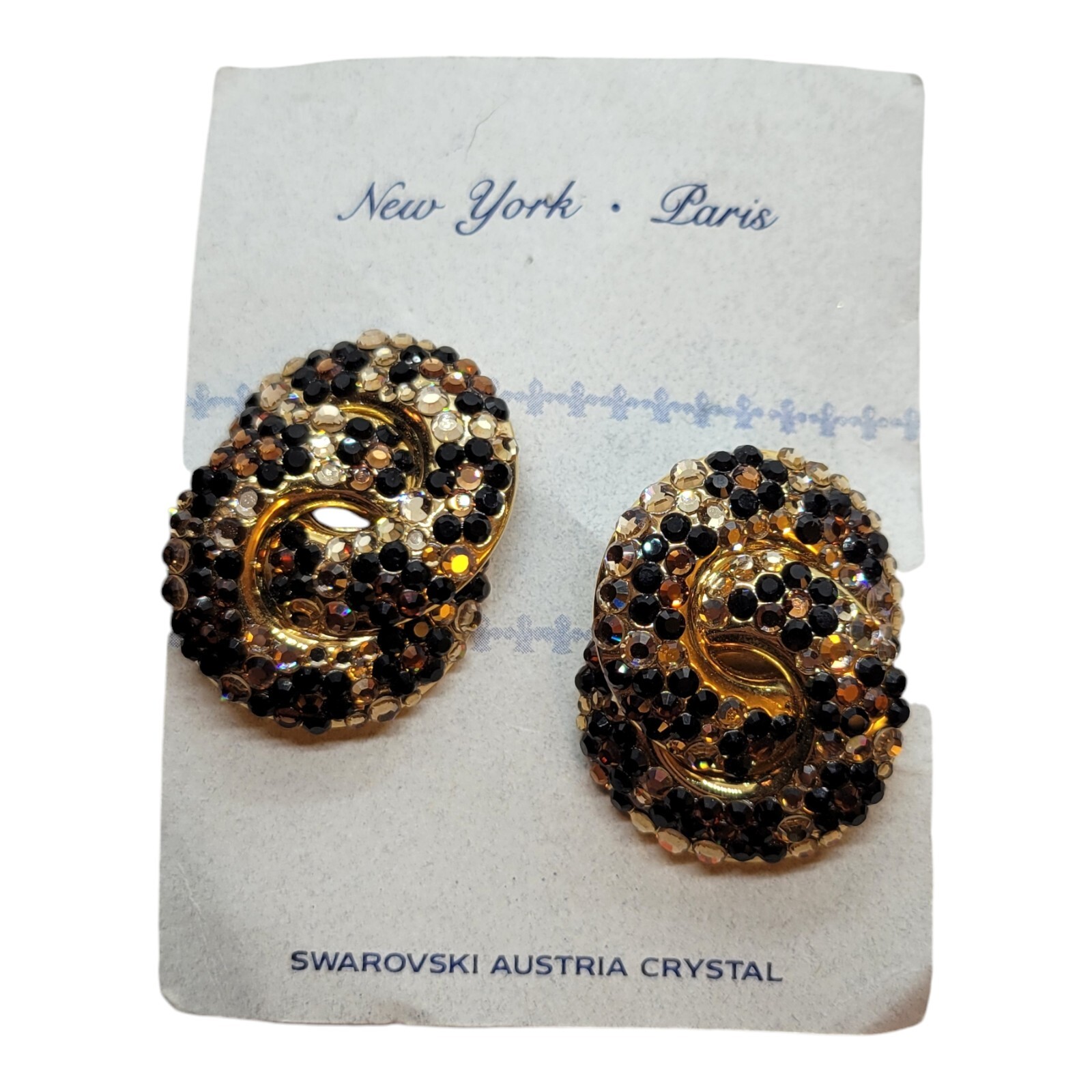Swarovksi Austria Crystal Interlocking Clip Earrings – Black Topaz Clear On Card