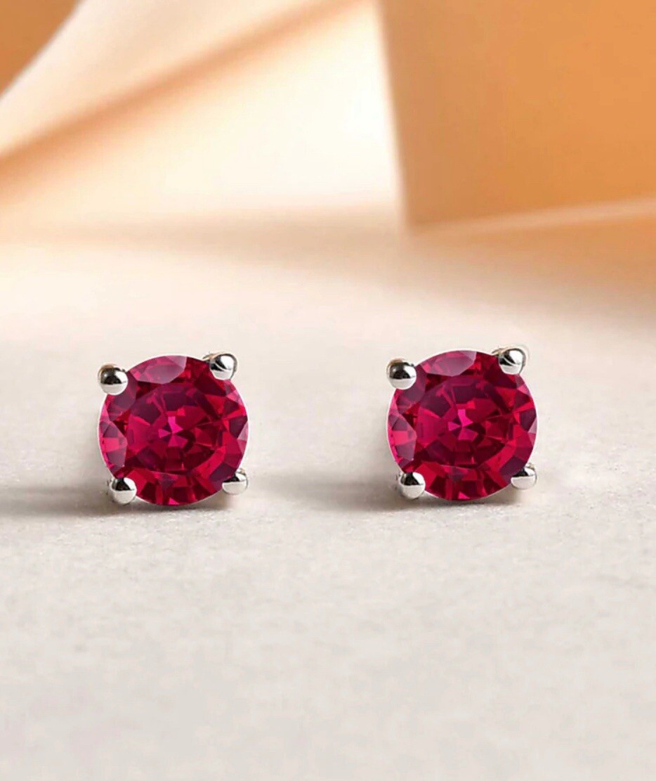 2 CT LAB CREATED RED RUBY STUD EARRINGS 14K WHITE GOLD ROUND CUT 7MM PUSH BACK