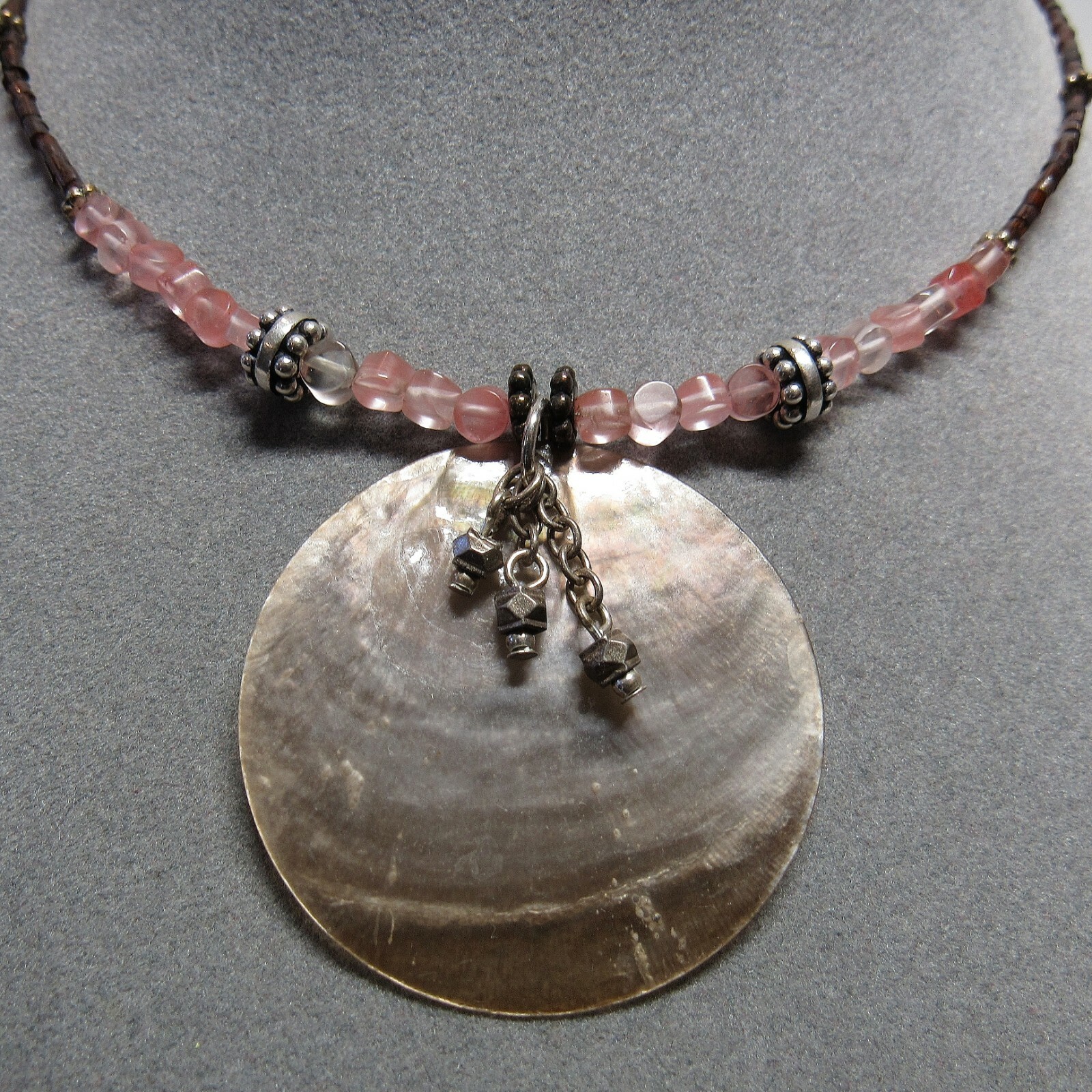 Sterling 925 Silver Adjustable Length Stone Shell Pink Tribal Beach Necklace