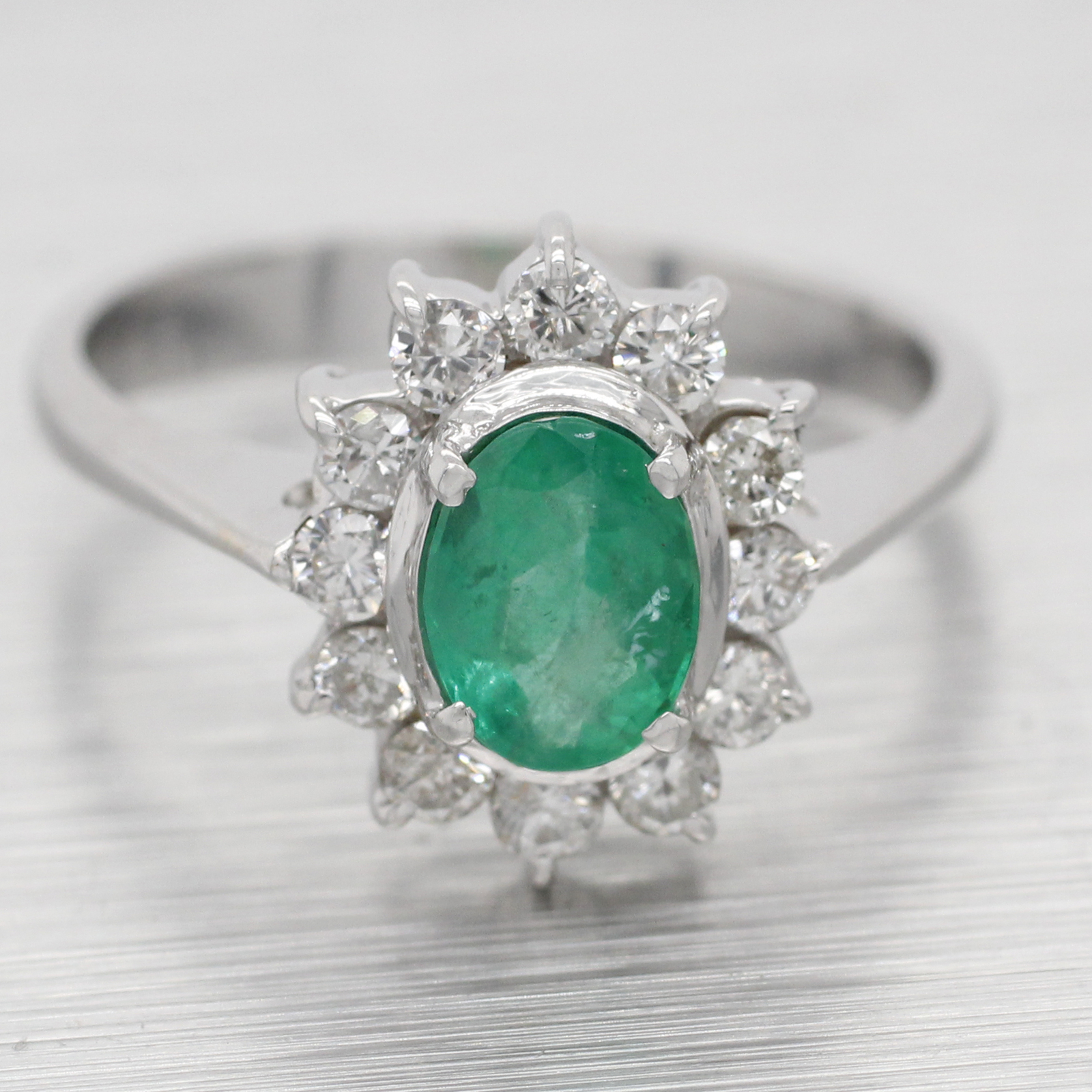Vintage Oval Emerald & Diamond Halo Cocktail Ring – 18k White Gold Reverse Taper