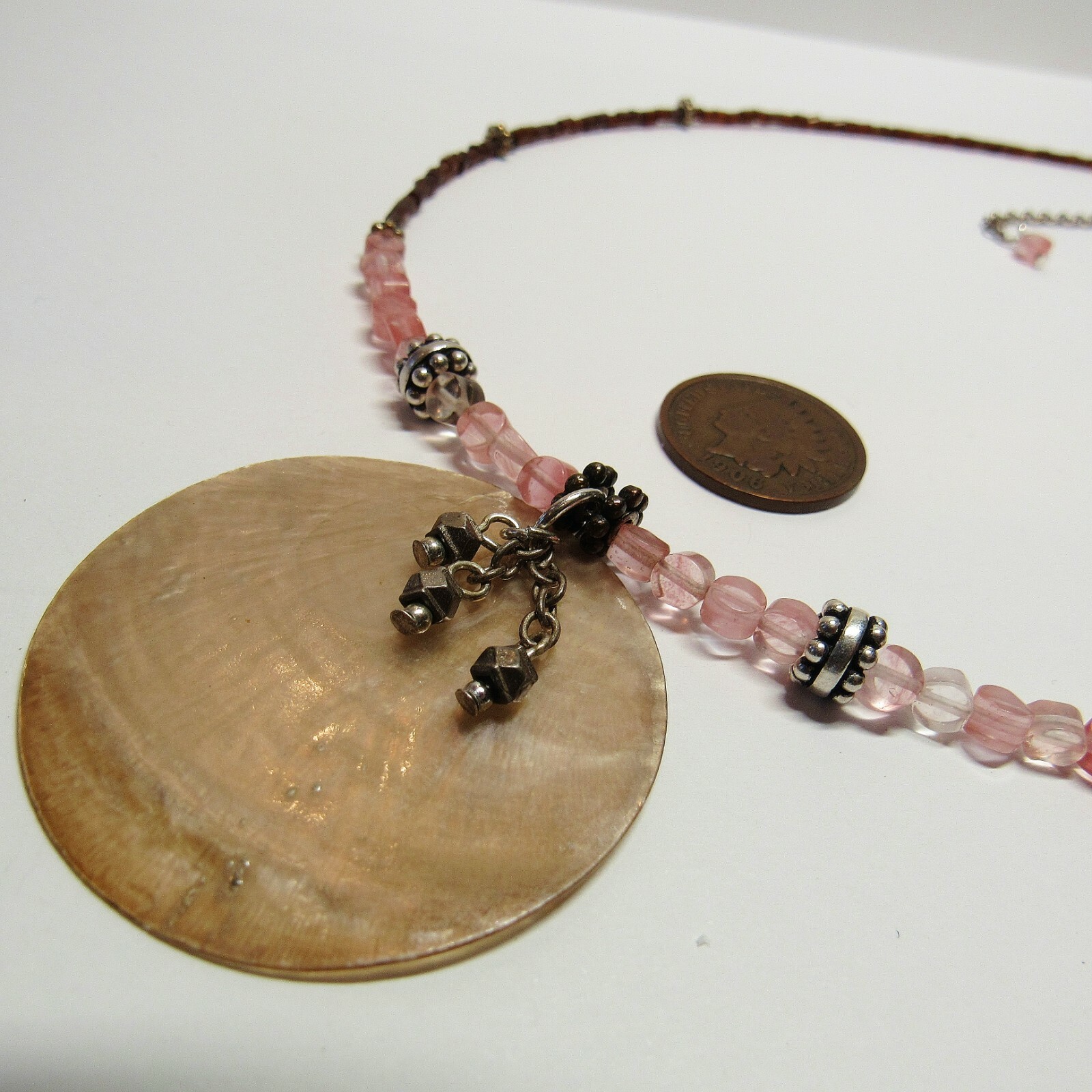 Sterling 925 Silver Adjustable Length Stone Shell Pink Tribal Beach Necklace