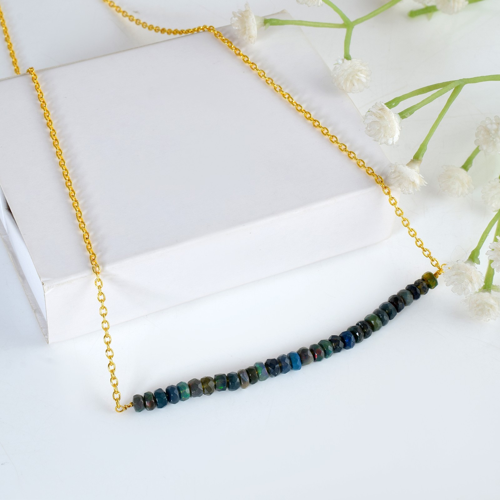 Natural Ethiopian Opal Bar Necklace 925 Sterling Silver Dainty Opal Jewelry