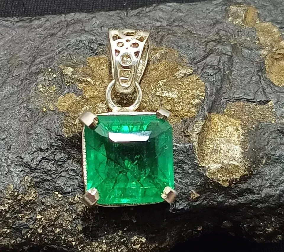 Certified 25.65 Ct+ Natural Emerald 925 Solid Silver Asscher Pendant LG Gemstone