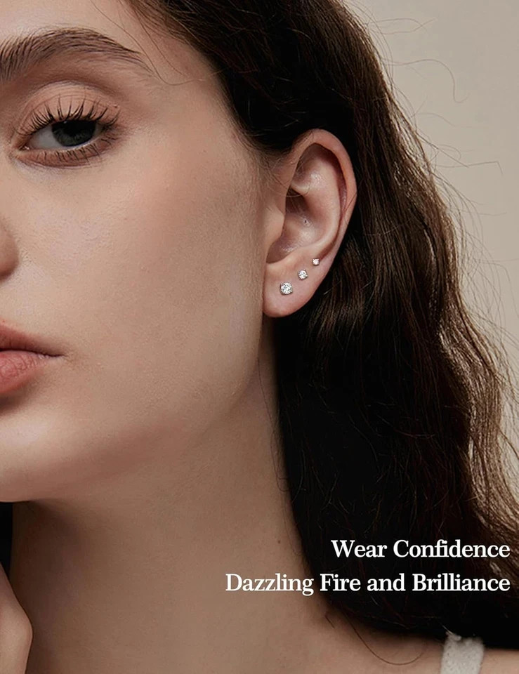 3 Pairs Moissanite Flatback Stud Earrings for Women, 925 Sterling Silver Hypoall