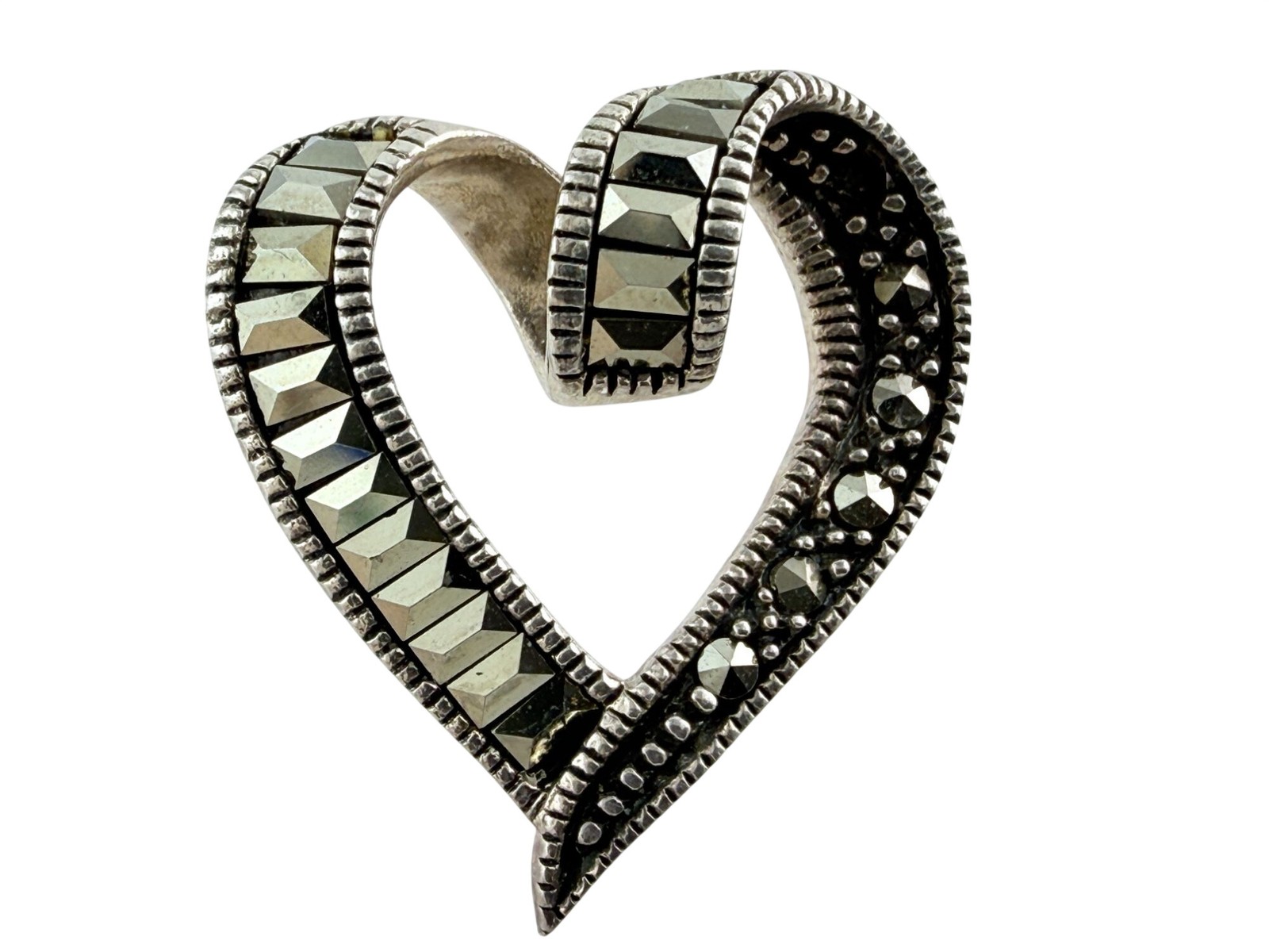 Sterling Silver Marcasite Studded Heart Slide Pendant 925 20mm Length 2.9g