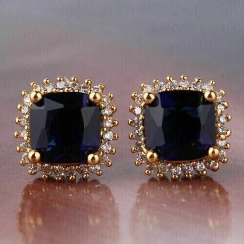2Ct Cushion Cut Lab Created Sapphire Women Stud Earrings 14K Yellow Gold Plated